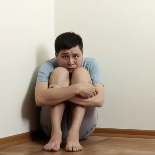 他坐在角落里，像一个吓坏了的孩子。