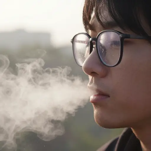 早晨的冷空气使呼出的水汽在眼镜上凝结成小水珠。