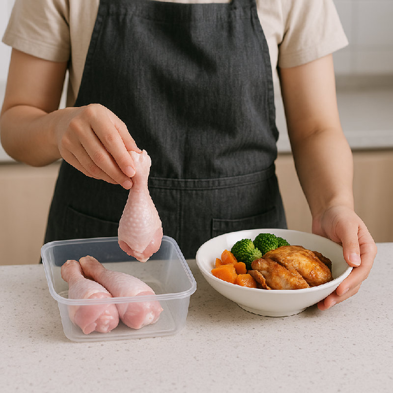 她把生肉和熟食分开放。