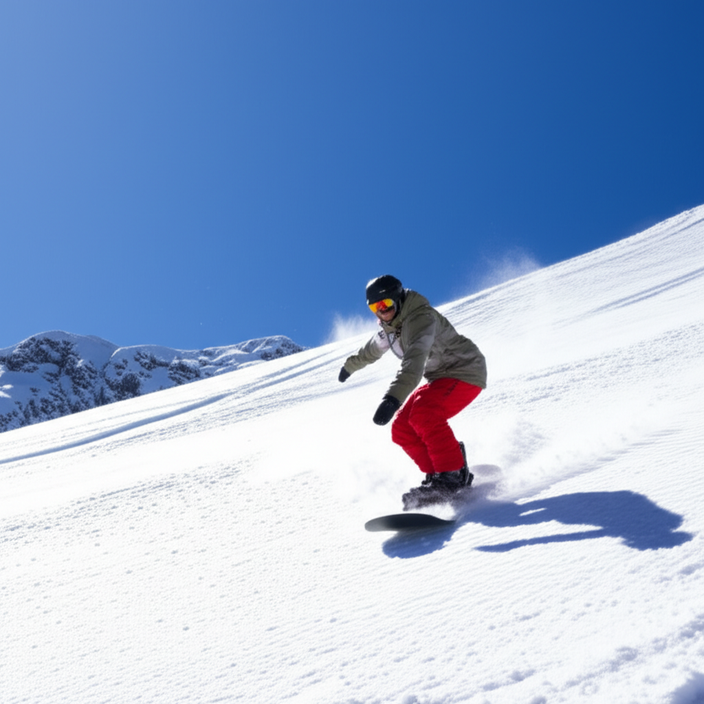 他正在雪山上滑雪板。