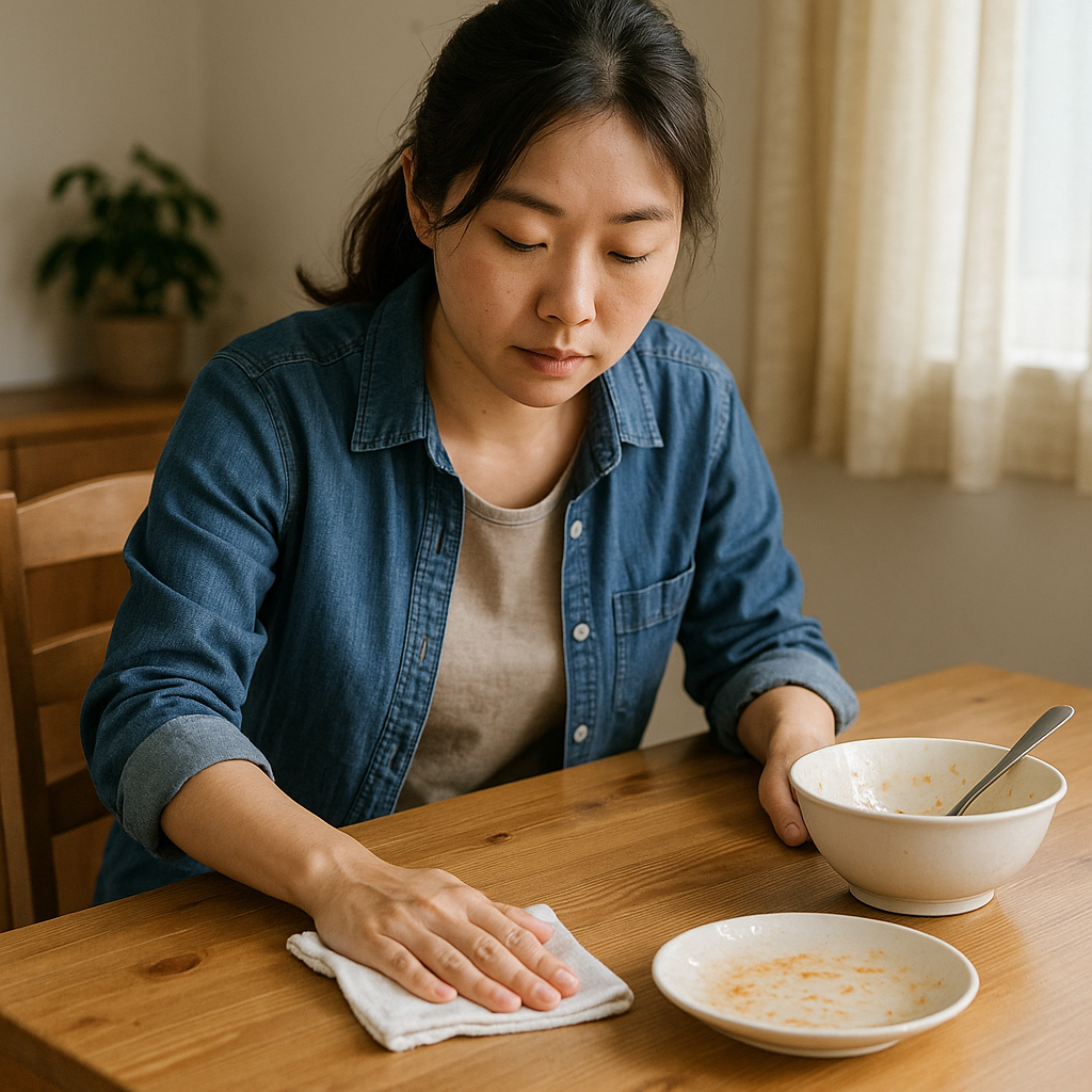 她吃完饭后用干净的布擦桌子。