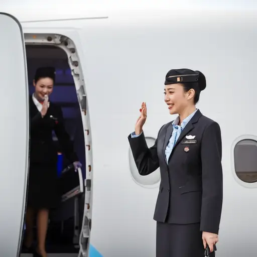 客舱乘务员欢迎我们登机。