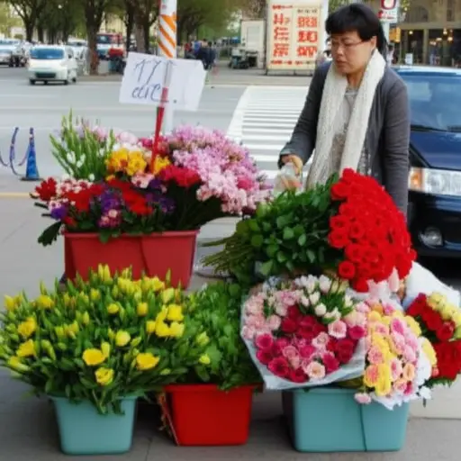 我从一个路边摊位买了一些花。