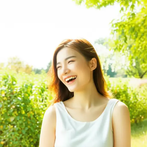单词‘happily’是一个副词，描述她笑的方式。