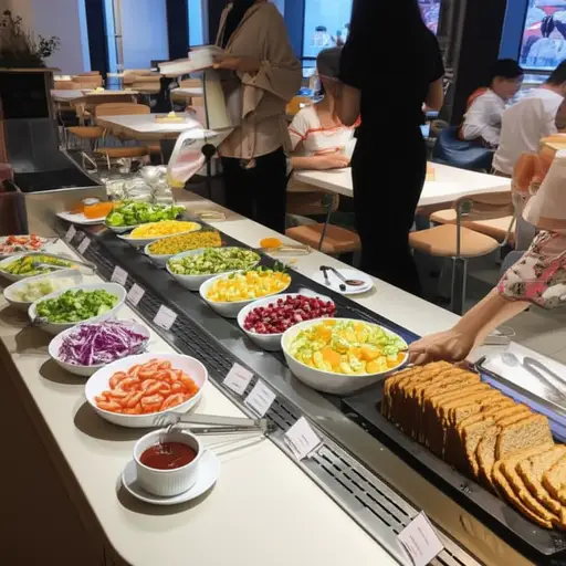 公司的自助餐厅提供各种健康的午餐选择。