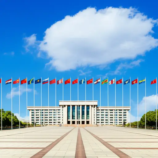 所有国家的国旗都在议会大楼外飘扬。