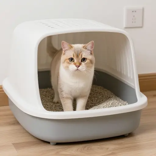 猫正在使用猫砂盆。