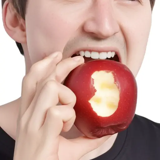他咬了一口苹果。