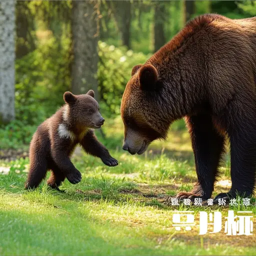这只小熊宝宝在妈妈附近玩耍。