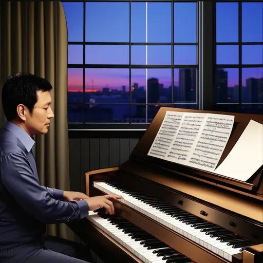 那位音乐家正在为下一场音乐会创作新的曲目。
