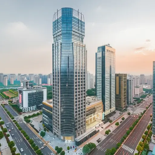 我们的办公室在市中心的那栋高楼里。
