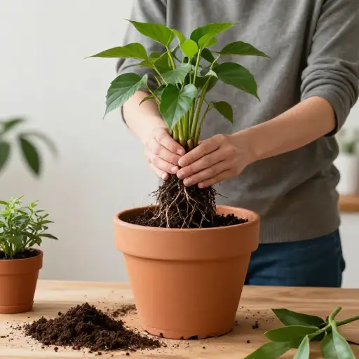 这株植物长得太大了，我需要把它移到一个更大的花盆里。