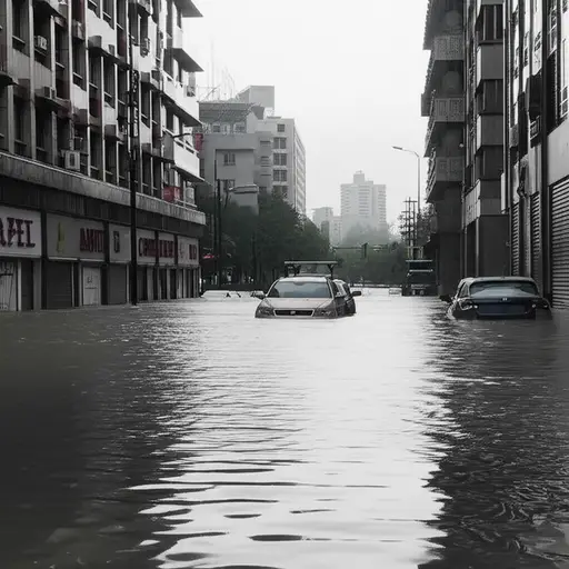 飓风过后，许多街道被淹，汽车无法通行。