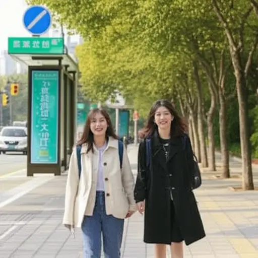 她步行送她的朋友到公交车站。