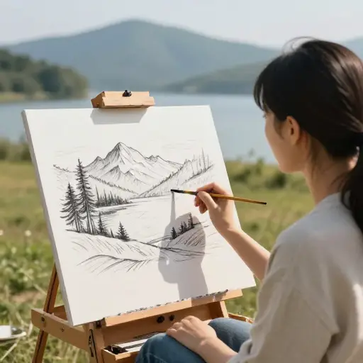 她以艺术的手法绘制了一幅美丽的风景画。