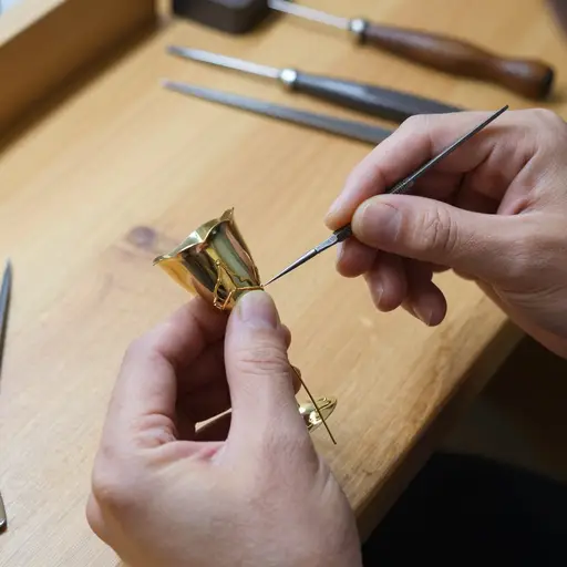 工匠用金丝在礼仪酒杯表面制作金属细工花纹。