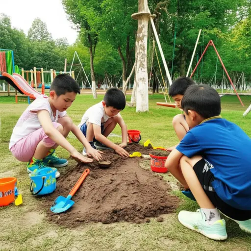 孩子们在公园里用泥土堆了一座小山。