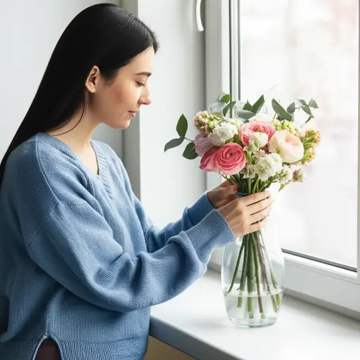 她把花插在窗台上的花瓶里。