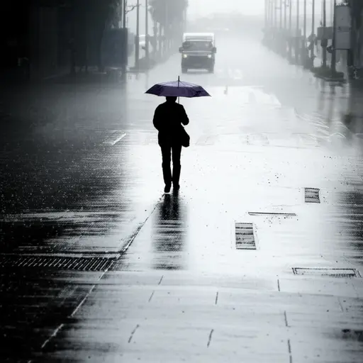 街上没有出租车，所以尽管下着雨，我还是开始在雨中步行。