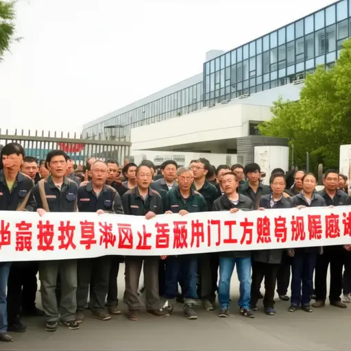 工人们在工厂外大声抗议，要求提高工资。