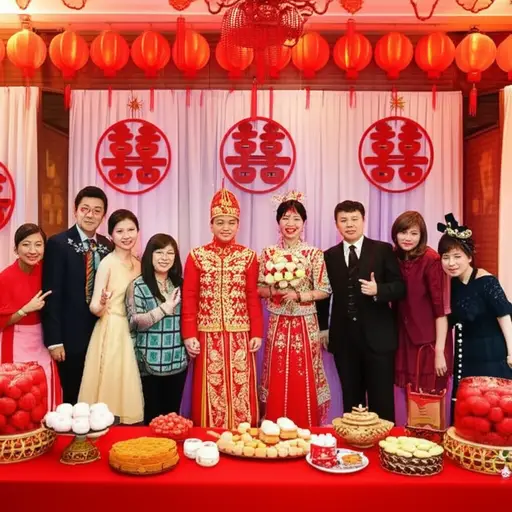 在中国婚礼上，亲朋好友会聚在一起庆祝。