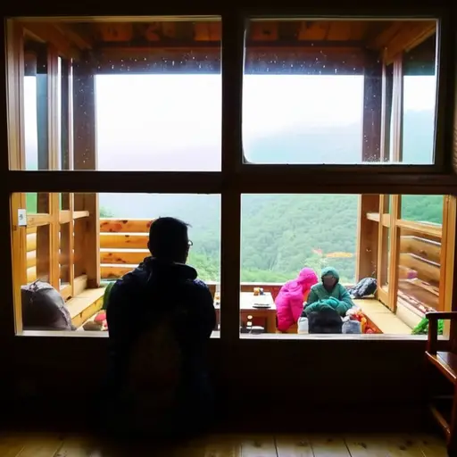 登山者们在山间的一个小屋里避雨。
