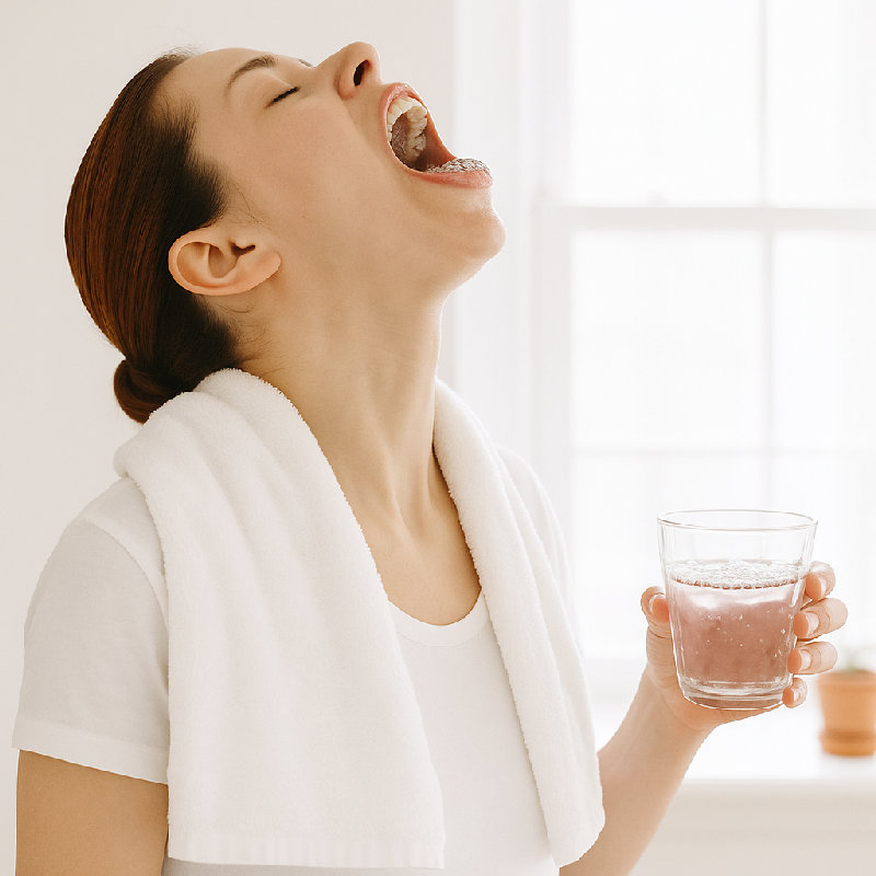 她用温盐水漱口。
