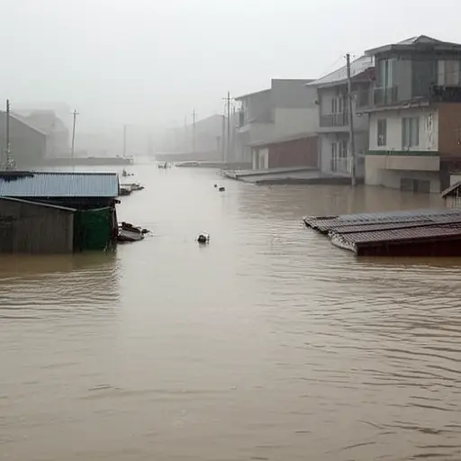 大雨导致河流泛滥，淹没了附近的城镇。