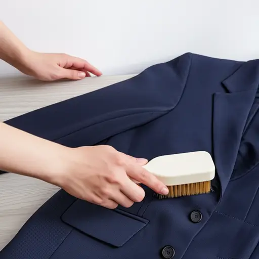 她用一把衣服刷去除夹克上的绒毛。