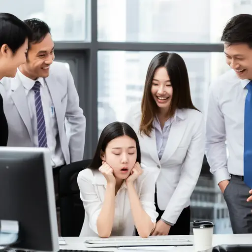 同事们的笑声只会加剧她的尴尬。