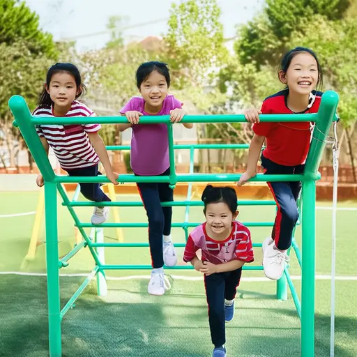 孩子们喜欢在操场上爬攀登架。