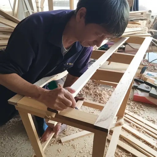 我爸爸用旧木头做了一张桌子。