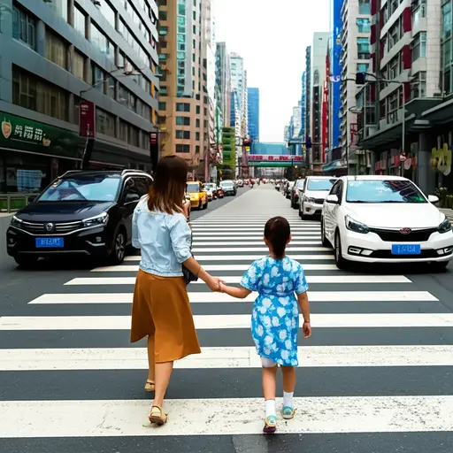 她牵着孩子的手过马路。