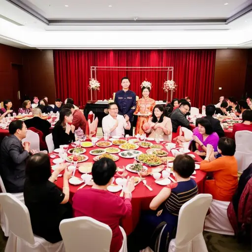通常，我国的人们会举办大型聚会来庆祝婚礼。