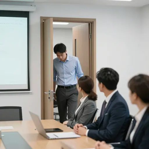 他试图在大家注意到他的错误之前偷偷溜出会议室，结果被发现了。