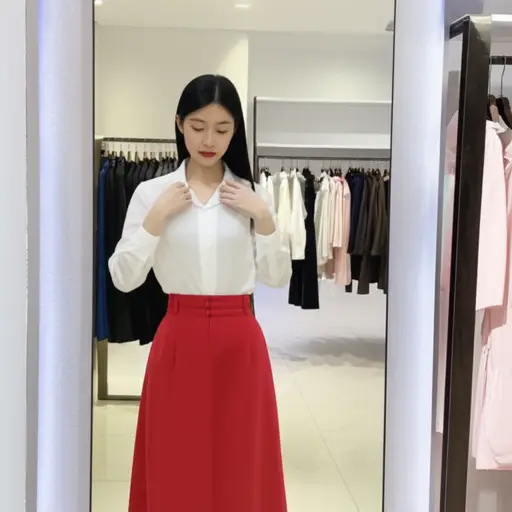 她买了一条红色的裙子搭配白衬衫。