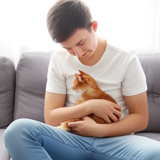 小猫蜷缩在他怀里，享受着他的拥抱。