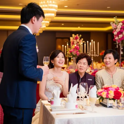 婚礼上，新郎举杯向新娘父母敬酒。