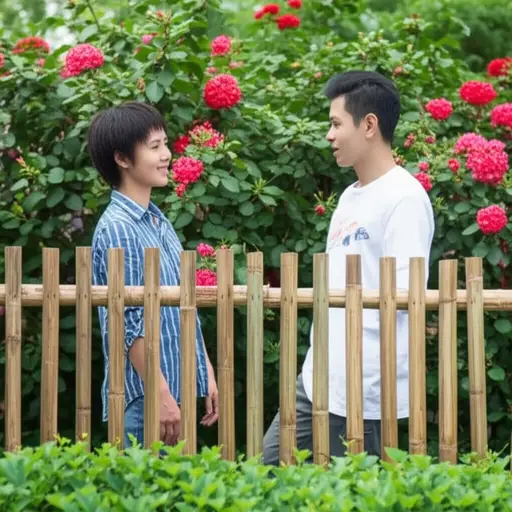 他们隔着花园篱笆聊天。