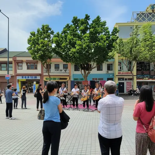 一支乐队正在镇上的广场演奏。