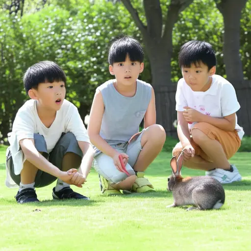 孩子们在后院发现了一只灰色的野兔。