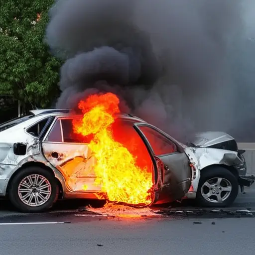 汽车撞毁并起火了。