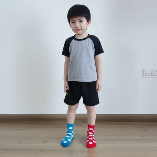 那个小男孩穿着不配对的袜子。