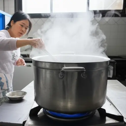 她在大锅里煮汤。