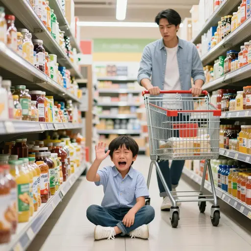 那个乖戾的孩子在杂货店里大发脾气。