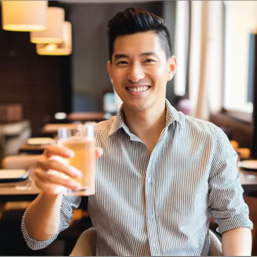 他举起杯子说：“干杯！”