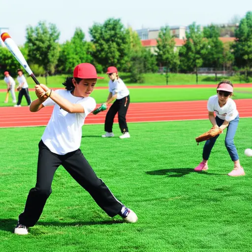 孩子们在操场上打棒球。