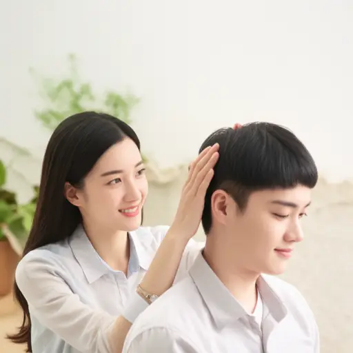 她轻轻地摸了摸他的头顶。
