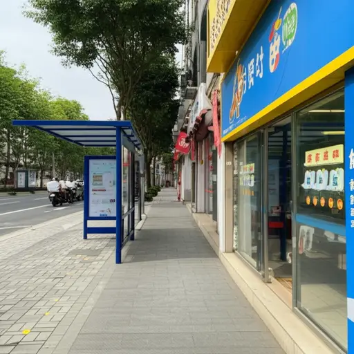 车站就在商店旁边。