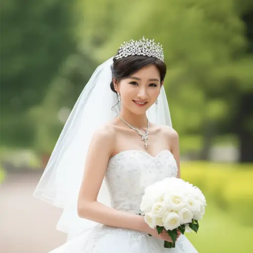 她穿着白色婚纱，看起来美极了。